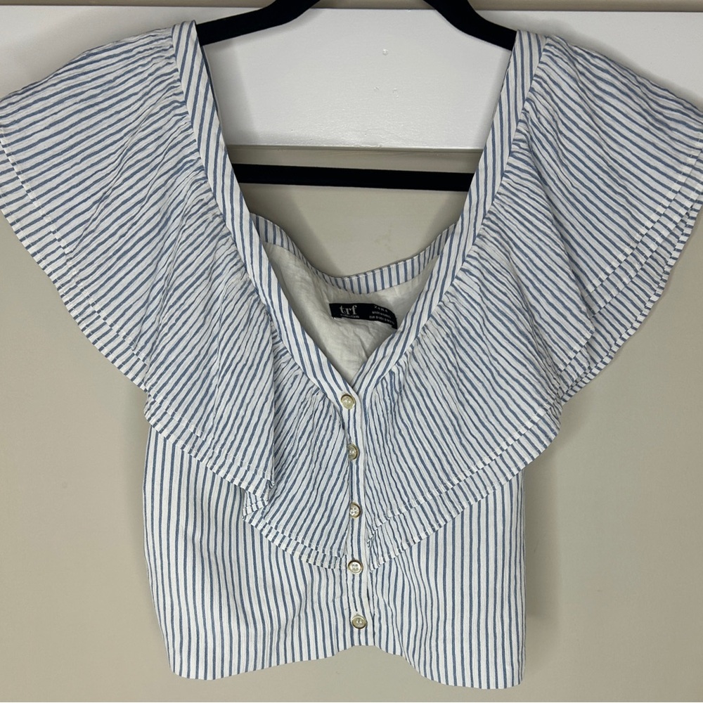 Zara Blue and White Stripe Flutter Sleeve Off The Shoulder Blouse